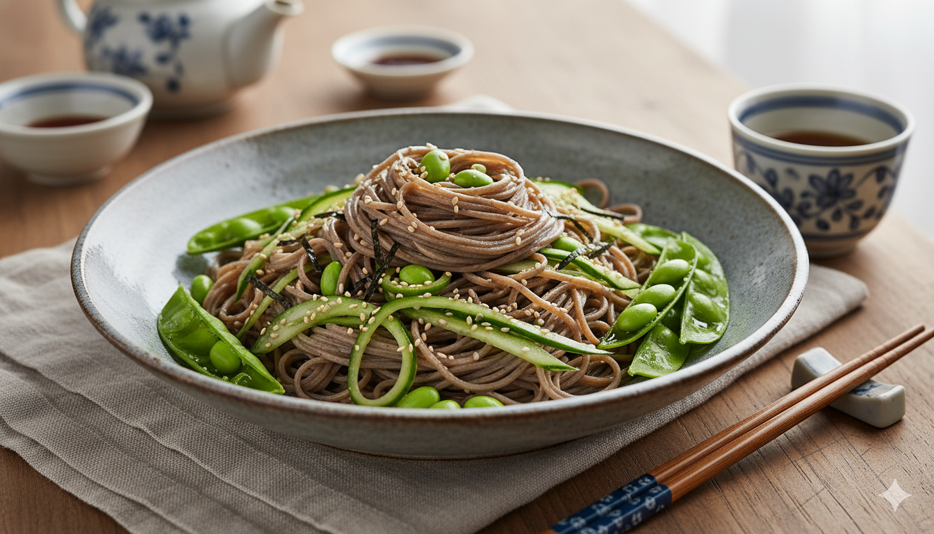 Recette : Nouilles soba froides, concombre & edamame