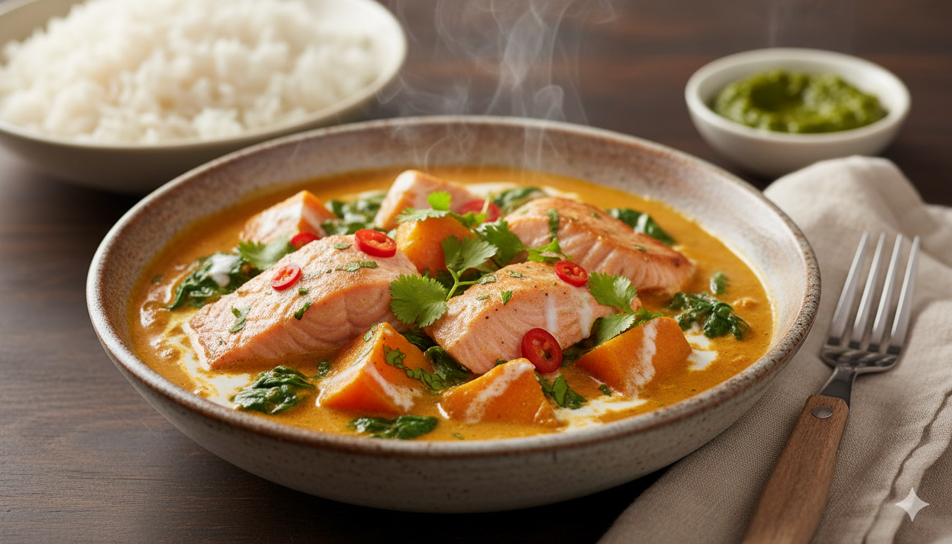 Recette : Curry saumon, épinards & patate douce