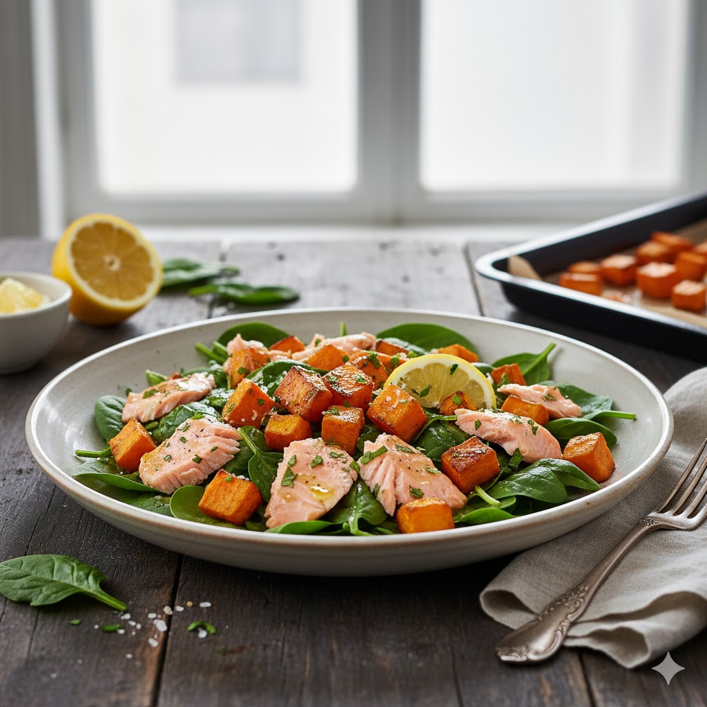 Recette : Salade tiède saumon, patate douce & épinards